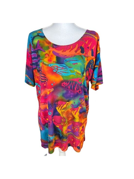 Carole Little Tops - Vintage Carole Little Sport Petites Rainbow Fish Print Rayon Blend Top L
